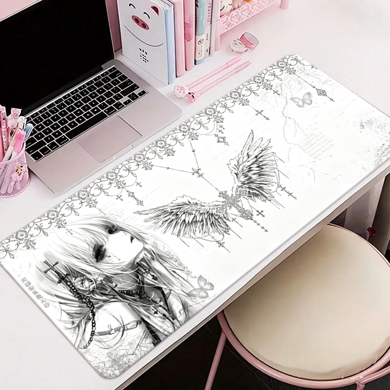 Pc Gaming Aesthetic - แผ่นรองเมาส์หนังสีดำสีขาวอะนิเมะความงามของสาวนางฟ้าแผ่นรองเมาส์อุปกรณ์สำนักงานคีย์บอร์ดเกมพีซีอีสปอร์ต HD แผ่นรองโต๊ะ