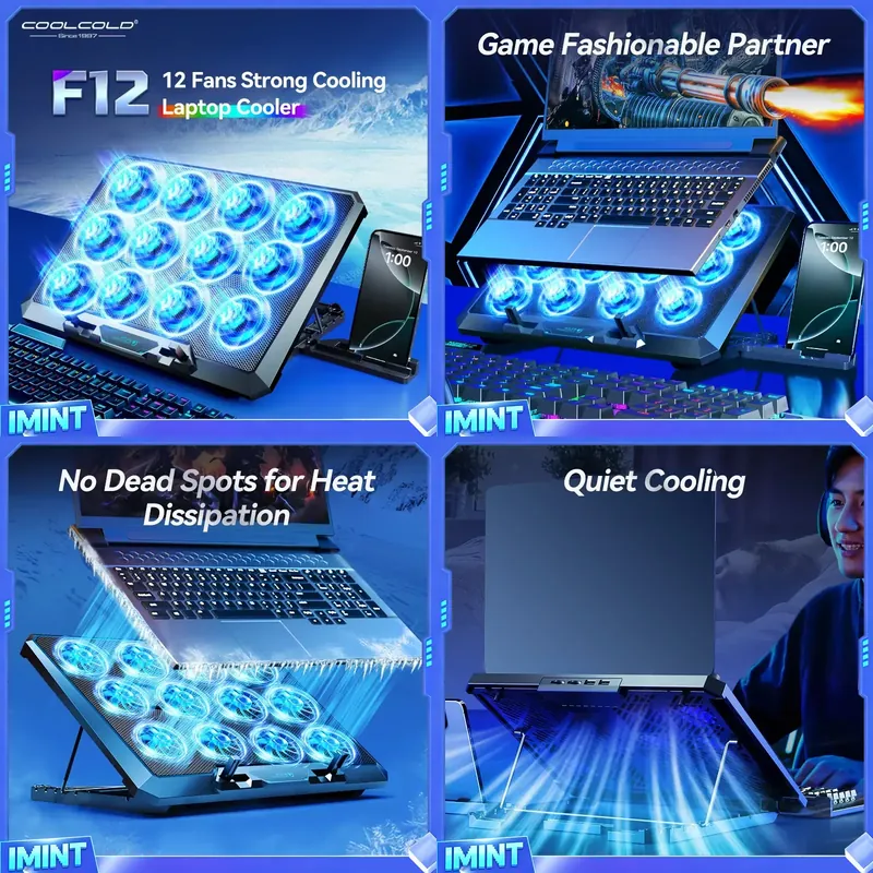 Laptop Cooling Pad - COOLCOLD แผ่นรองระบายความร้อนสำหรับแล็ปท็อปพร้อมพัดลมเงียบ 12 ตัว, แท่นวางแล็ปท็อปสำหรับเล่นเกมขนาด 12-17.3
